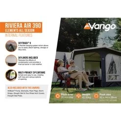 Vango Riviera Air Awning 390 Elements TC Package With Free Tall Annex Elements TC - Riviera, Caravan Awning Side Canopy And CP225 - Breathable Fitted Carpet - Riviera 390 -Sports Outdoor Store riviera air 390 elements tc 2