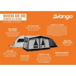 Vango Riviera Air Awning 390 Elements TC Package With Free Tall Annex Elements TC - Riviera, Caravan Awning Side Canopy And CP225 - Breathable Fitted Carpet - Riviera 390 -Sports Outdoor Store riviera air 390 elements tc 4