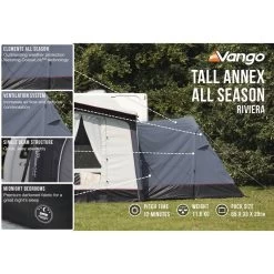 Vango Riviera Air Awning 390 Elements TC Package With Free Tall Annex Elements TC - Riviera, Caravan Awning Side Canopy And CP225 - Breathable Fitted Carpet - Riviera 390 -Sports Outdoor Store tall annex elements tc riviera 2